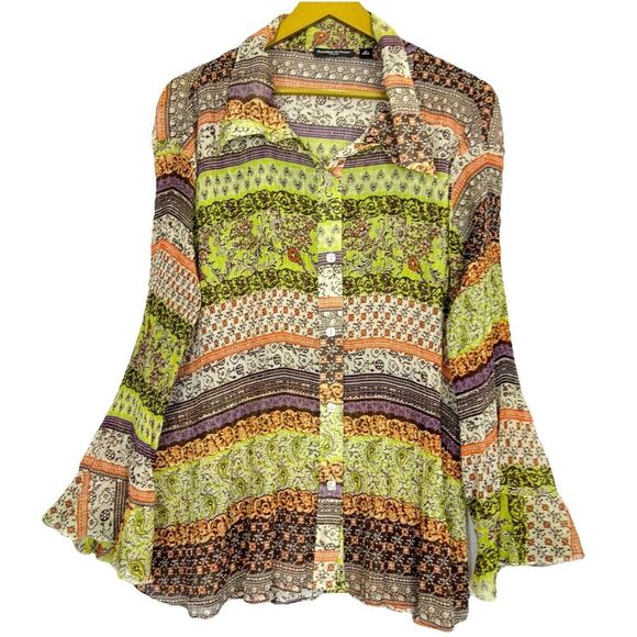 Essentials Milano Patchwork Button Up Top 2X Bell Sleeve Crinkle Fairy Boho Y2K - Picture 1 of 7